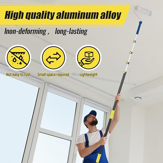 3.2-12 ft Telescopic Extension Pole with Utility Hook, Multi-Purpose Aluminum Pole for Painting, Dusting and New Year Window Cleaning Christmas Lights Installation Without a Ladder(Yellow)