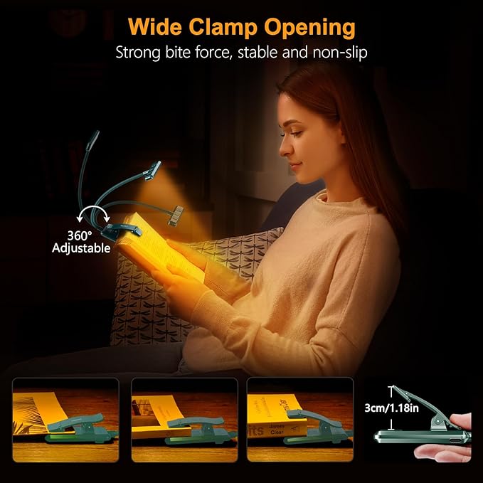Gritin 19 LED Rechargeable Book Light for Reading in Bed with Memory Function- Eye Caring 3 Color Temperatures,Stepless Dimming Brightness,90 Hrs Runtime Clip on Light for Book Lovers-Blackish Green