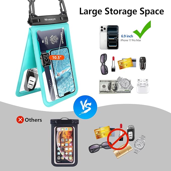 Niveaya [Up to 10.5"]Waterproof Phone Pouch - 2 Pack, Waterproof Phone Lanyard Case with iPhone 17/16/15/14/13 Pro Max up to 9.5", Phone Dry Bags for Vacation Beach Pool Kayak Cruise Travel Essentials