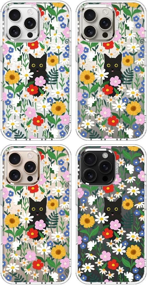 MOSNOVO Case for iPhone 16 Pro Max, [Buffertech 6.6ft Military-Grade Drop Protection] [Anti Peel Off Tech] Clear TPU Bumper Phone Case Cover Design - Black Cat in Garden