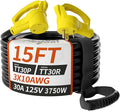 PlugSaf 15 FT 30 Amp RV Extension Cord Outdoor with Grip Handle, Flexible Heavy Duty 10/3 Gauge STW RV Power Cord Waterproof with Cable Organizer, NEMA TT-30P to TT-30R, Black-Yellow, ETL Listed