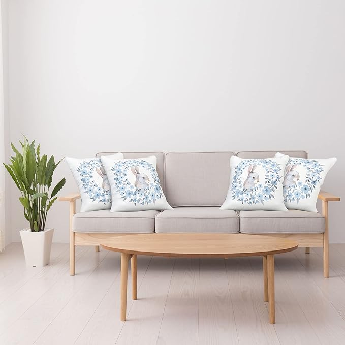 Ambesonne Watercolor Flower Decorative Throw Pillow Case Pack of 4, Bunny Rabbit Portrait in Floral Wreath Illustration Country Style, Cushion Cover for Couch Living Room Car, 16", Blue White