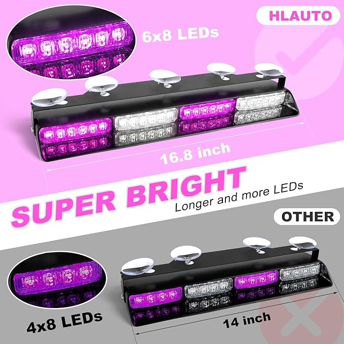 HLauto 6Z4J Emergency Dash Strobe Lights: 2x16.8 inch Purple White Safety Lights, 48 LED Flashing Warning Hazard Interior Windshield Visor Traffic Light Bar for Trucks, Construction Vehicles