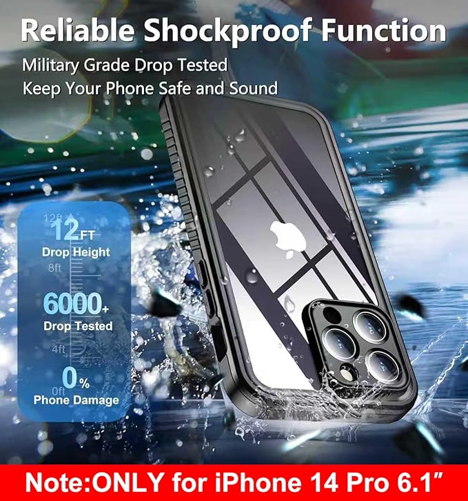 SPIDERCASE Only Designed for iPhone 14 Pro Case Waterproof,Built-in Lens & Screen Protector, Full Heavy Duty Protection,12FT Military Shockproof, Dustproof, Anti-Scratched Phone Case,Black/Clear