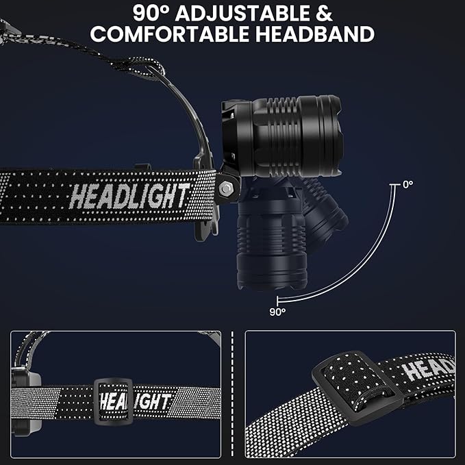 azamine LED Headlamp Rechargeable, 99000 Lumens Bright Head Lamp Βattery Include, 90° Adjustable Head Lights for Forehead with 3 Modes, Long Runtime & Waterproof Headlamps for Adults Camping Hiking