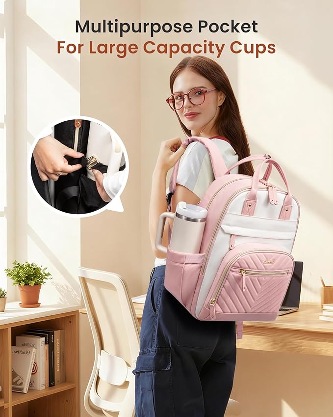 LOVEVOOK Laptop Backpack for Women with Giant Tumbler Holder Pocket,17 inch School College Book Bag Nurse Teacher Backpack,Waterproof Work Travel Backpack Purse Laptop Computer Bag, Beige-Pink-Pink
