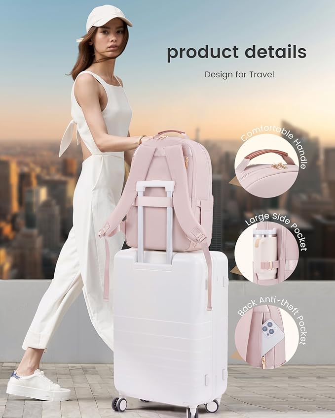LOVEVOOK Laptop Backpack for Women with Leather Trim & Tumbler Pockets, 15.6" Work Backpack Purse, Travel Personal Item Bag, Carry On Business Computer Bag for Office, School, or Gift, Soft Milk