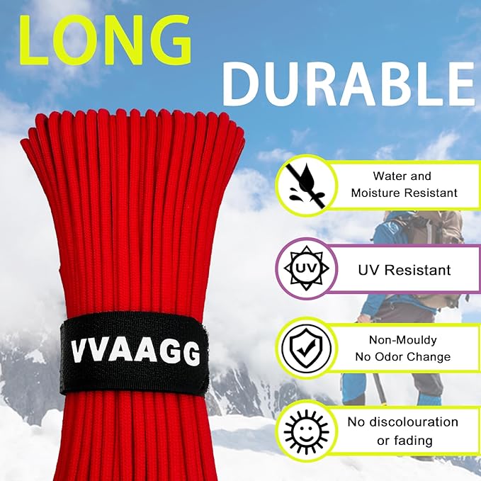 VVAAGG 1000 Red Paracord100FT Utility Parachute Cord 4mm Nylon String12 Strand Nylon Camping Rope, Tent Rope, Clothsline Rope for Survival & Camping Gear