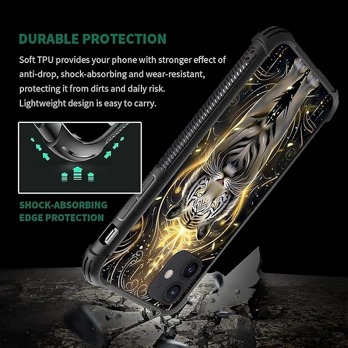 for iPhone 11 Case, White Tiger Golden Mystery Pattern Graphic Design Girl Boy Soft Silicone Hard Acrylic Shock Protection for iPhone 11