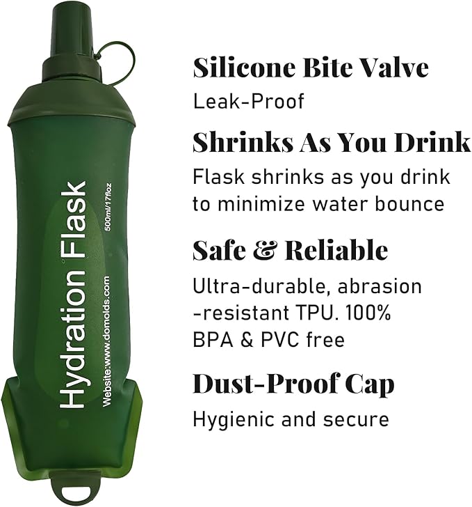 2Pcs 500ml Soft Flask, TPU Collapsible Soft Water Bottle for Hydration Pack, Running Vest, Leak-Proof Folding Water Bottle for Hiking Cycling Climbing Jogging- Green