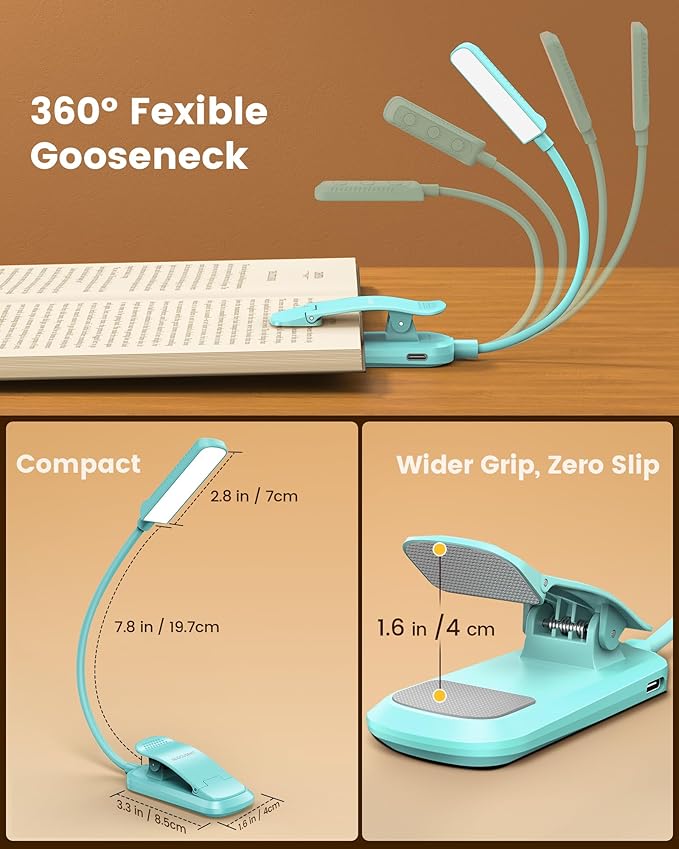 Glocusent 13 LEDs Book Lights for Reading at Night, 120 Hrs Runtime Rechargeable Reading Light, Eye Caring 3 Colors & 5 Stepless Dimming Brightness 3–60LM, Flexible Clip on Light for Book Lovers Kids