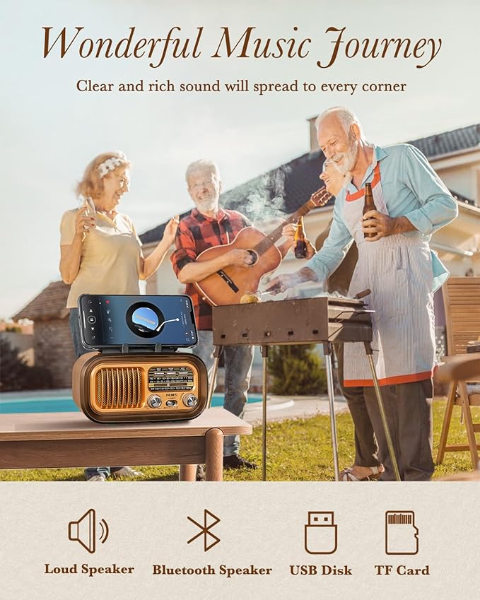 PRUNUS J-150 Portable Radio AM FM SW Bluetooth Speaker, Gifts for Dad and Mom, Retro Radios Vintage Transistor with Best Sound, Solar/D Battery Operated/USB Charging, TWS, Support TF Card/USB Playing