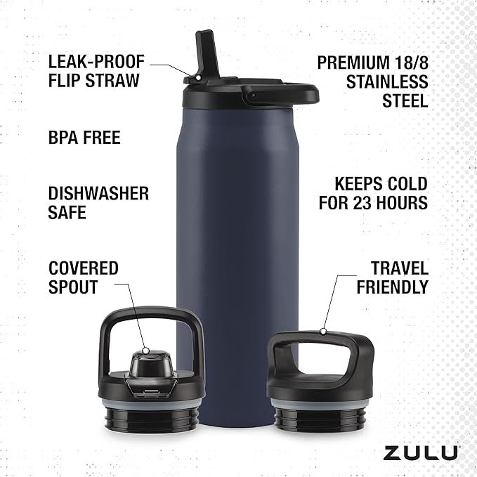 ZULU Base 32oz Stainless Steel Water Bottle with 3 Lids- Straw, Chug, Twist | Double Walled and Vacuum Insulated Metal Thermos | For Gym, Outdoor | Built in Carry Loop, Dishwasher Safe, Navy