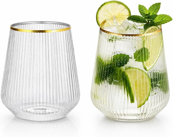 40 count 12 Ounce Ribbed Cups Origami Unbreakable Stemless Plastic Wine Champagne Whiskey Glasses Elegant Durable Disposable Indoor Outdoor Ideal for Home, Office, Bars, Wedding, Ripple (Gold Rim)