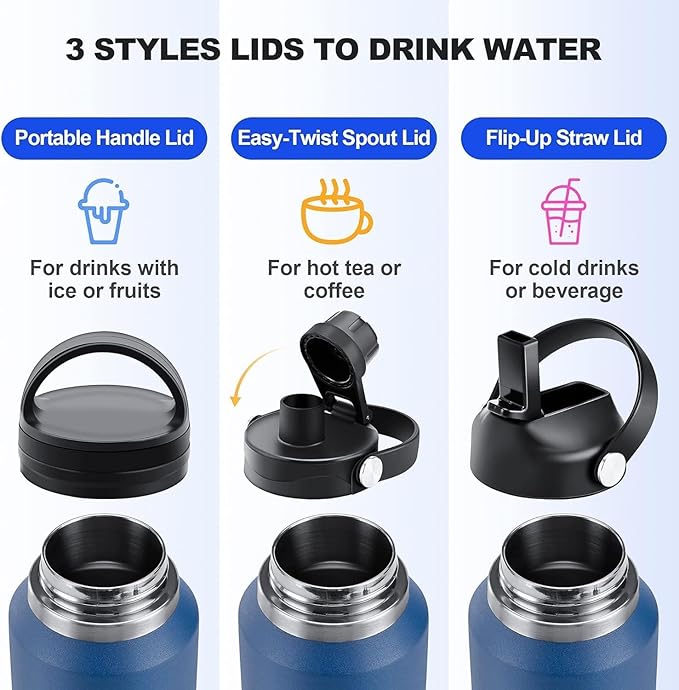 32oz Stainless Steel Water Bottle (Cold for 48 Hrs, Hot for 24 Hrs),Double Wall Vacuum Insulated Bottle with Straw Lid, Spout Lid and Flex Cap, Fit in Any Car Cup Holder