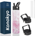 Konokyo Insulated Water Bottle 24oz Stainless Steel Sport Bottles with 3 Lids,Marble Blossom