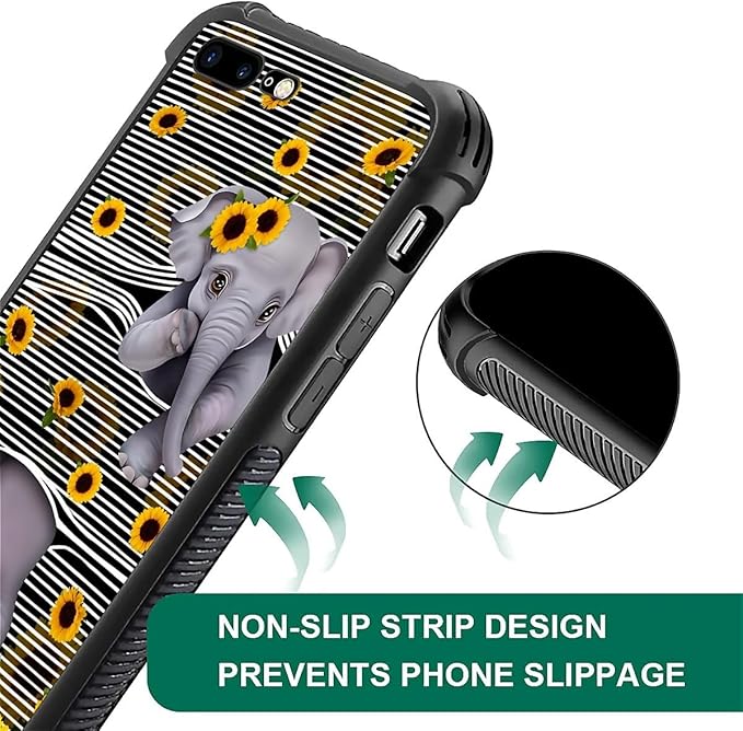 for iPhone 7/8 Case, Cute Little Elephant Sunflower White Line Art Pattern Made of Soft Silicone Hard Acrylic Shock Protection for iPhone 7/8