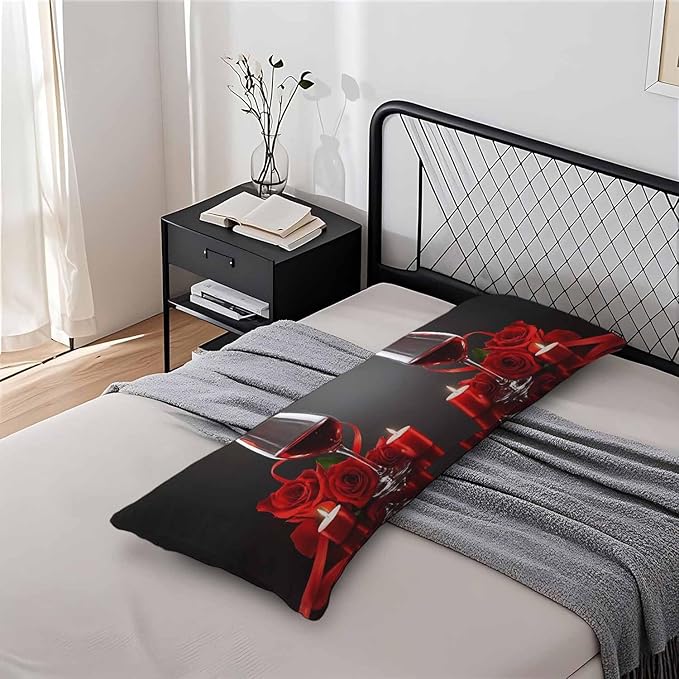 Decorative Home Body Pillow Covers Wine, Red Wine Rose Breathable Pillow Cushion Cases Lumbar Body Pillow Cover Soft Body Pillowcase for Bedroom Couch Sofa 20x54 Inch