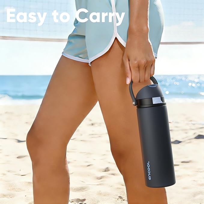 ENCOOL Insulated Water Bottle with Straw Stainless Steel Water Bottle with Push Button Lid, Leak-Proof & BPA-Free, Keeps Cold for 24 Hours for Sports, Travel, Gym (32 oz, Tuna Grey-Silver)