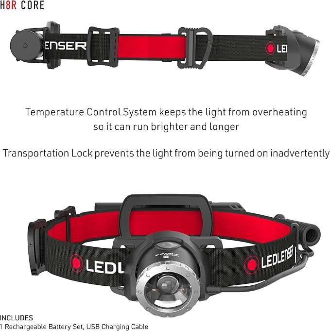 Ledlenser H8R Headlamp - Black, 3000 mAh Li-ion, 158g - 120-Hour Runtime & Rechargeable Flashlight - 600 Lumens Output & LED Headlamp - Red Rear Safety Light & Hardhat Light