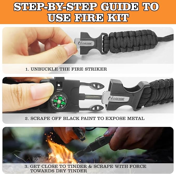 Paracord Survival Bracelet (3 Pack) - Adjustable with Fire Starter, Whistle, Compass - Survival Gear for Hiking, Camping, Fishing, Gifts for Men Dad Husband