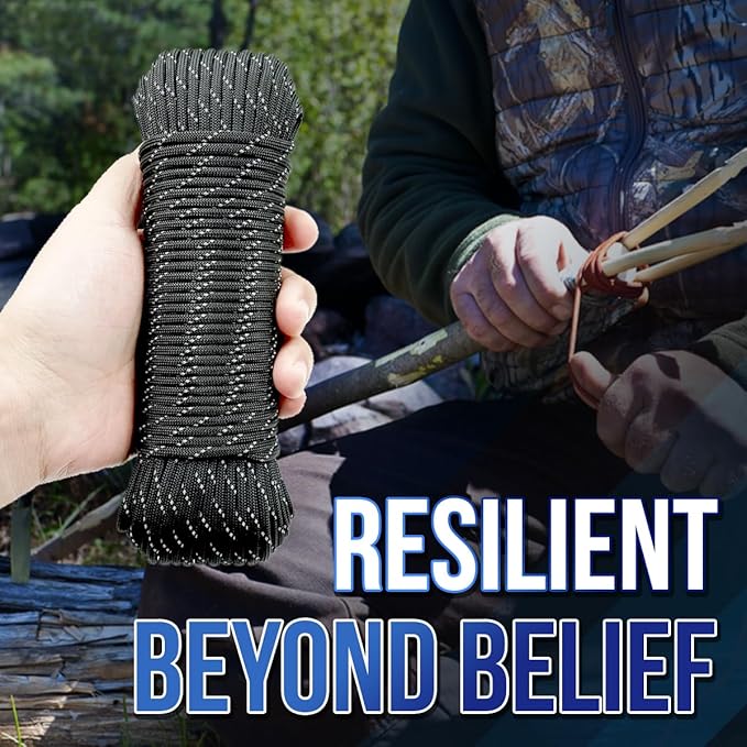 High Tensile Paracord Type III Parachute Cord Reflective Paracord Rope Tactical Paracord for Camping, Survival, Gear Repair & DIY, Black with Tracer