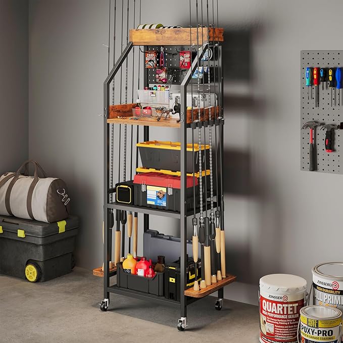 Fishing Rod Holder for Garage with Hooks & Pegboard, 3-Tier Fishing Pole Rack Holds 12 Rods, Rolling Fishing Rod Storage Organizer with Wooden Tool Box, Fishing Tackle Shelf for Anglers
