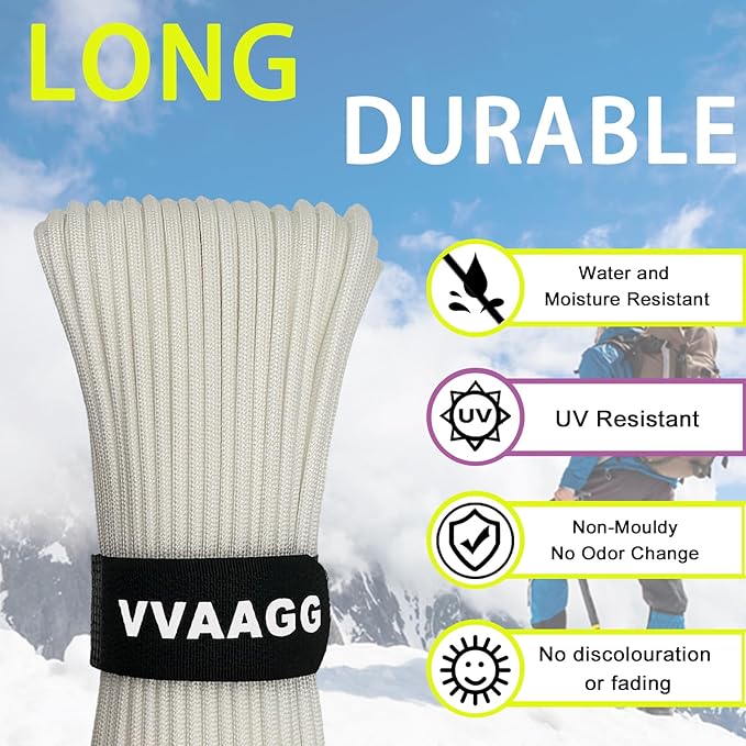 VVAAGG 1000 White Paracord Rope 100FT, 4mm Utility Parachute Cord 12 Strand Nylon Camping Rope, Tent Rope, Clothsline Rope