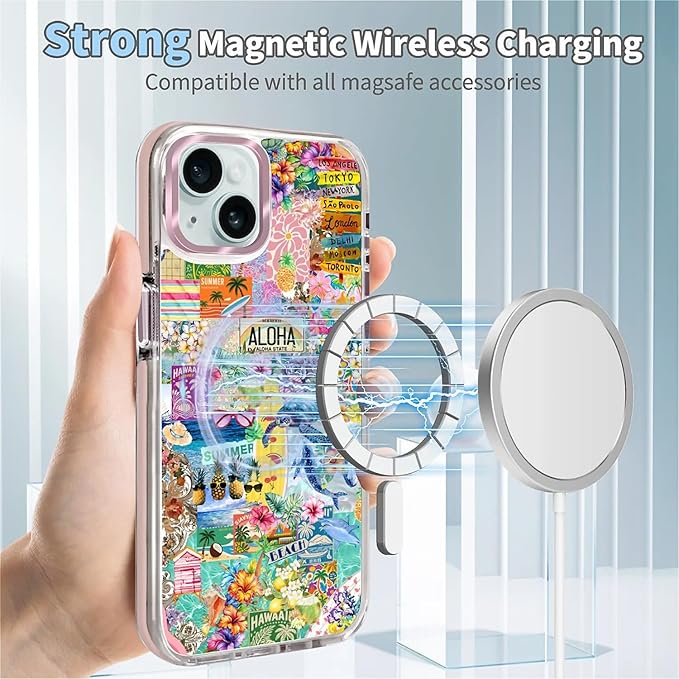 Case for iPhone 14 Plus/15 Plus,[Compatible with MagSafe],Hawaii Aloha Cover Coastal Beach Collage Phone Case Design，for Women Girls Magnetic Clear Cover - Slim, Sleek, & Shockproof Protection