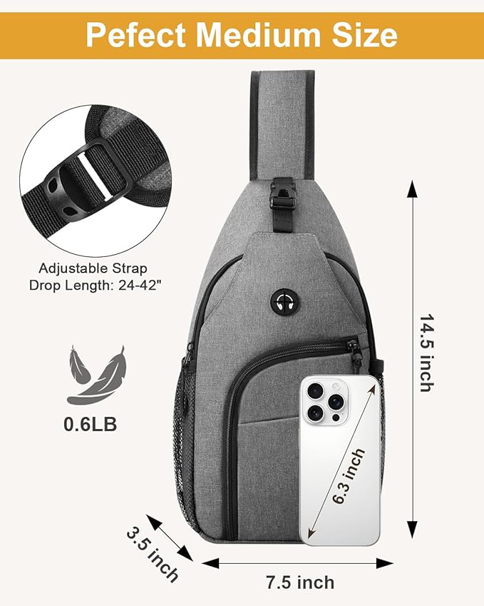 Pritent Crossbody Bags for Women Man Waterproof Sling Bag Backpack Trendy Casual Cross Body Bag with Convertible Shoulder Strap Chest Bag for Camping Hiking Travel Essentials (Grey, Medium)
