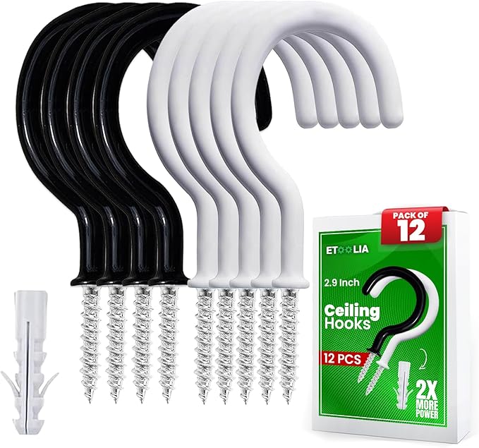 12 Pcs Ceiling Hooks for Hanging Plants - 2.9 inches Heavy Duty, Hanging for Christmas Lights, Cups, Decors - White Vinyl Coated Screw in Plant Hanger Hook Indoor and Outdoor
