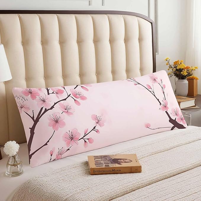 Couch Pillows Decorative Body Pillow Cover Cherry Blossom, Japanese Cherry Pink Rectangle Body Pillowcase for Men Women, Body Pillow Covers 20" X 54" Cushion Cases for Sofa Bed
