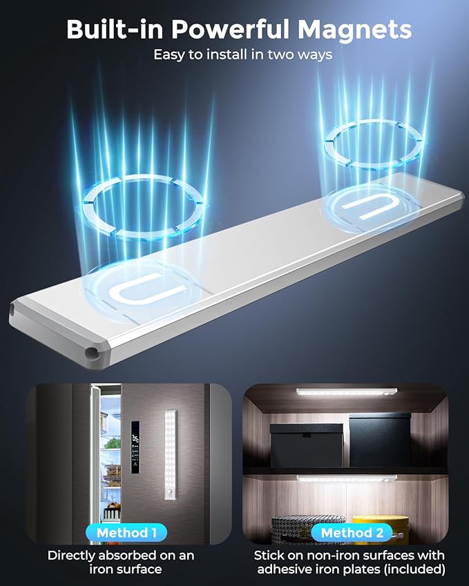 Under Cabinet Lighting - 10.5" Motion Sensor Light Indoor, Magnetic Wireless Closet Lights, Dimmable Led Night Light, Rechargeable Under Counter Lights for Kitchen, Bedroom, Stair, 2 Pack