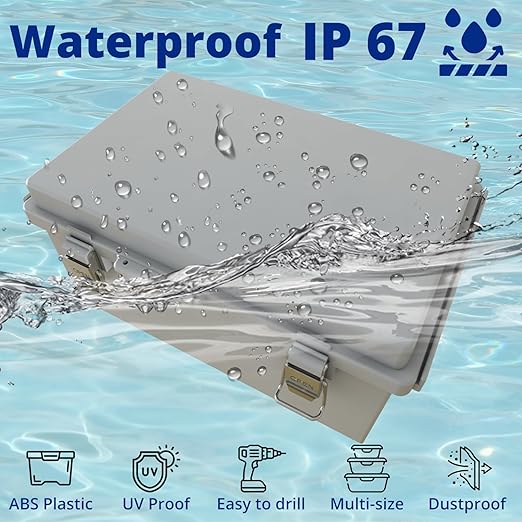 MAKERELE Gray Plastic Waterproof Electrical Box Outdoor,IP67 ABS with Hinged Cover,Weatherproof Mounting Plate,Wall Bracket,Stainless Steel Buckle and 1/2" NPT*2(11.4"×7.5"×5.5")