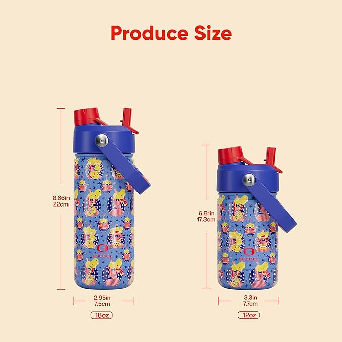 Kids Insualated Water Bottle with Straw,12oz Stainless Steel Water Bottle with Dual Spouts, Leak-Proof,BPA-Free,Double Wall Vacuum Keeps Cold for 24 Hours for Sports,Travel,School (Blue Hippo Parade)
