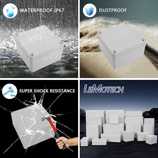 LeMotech Junction Box IP67 Waterproof Dustproof ABS Plastic Project Box for Electrical Outdoor Enclosure Gray 4.9 x 4.9 x 3 inch (125 x 125 x 75 mm)