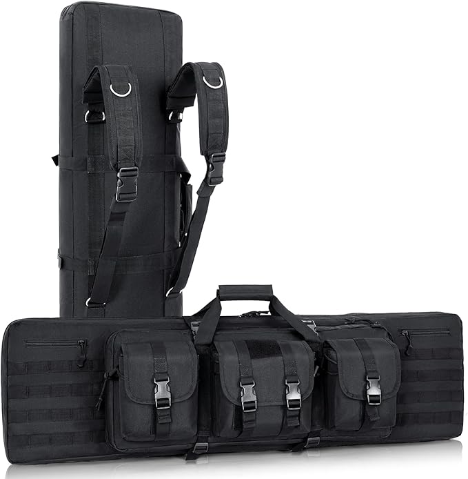 DULCE DOM 36 42 48 Inch Double Rifle Case, Tactical Soft Padded Backpack for Hunting & Shooting Range, Heavy-Duty Storage Gun Bag for 2 Rifles & Pistols with Lockable Zippers & MOLLE System