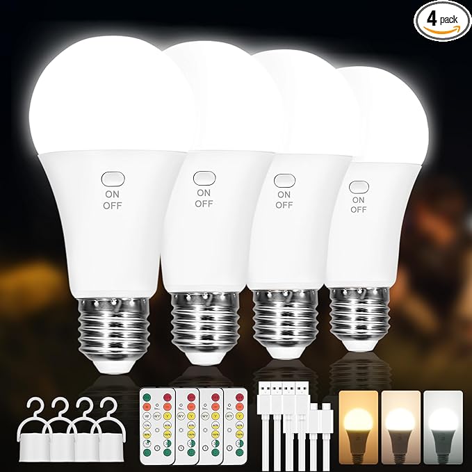 Kimjo 4 Pack Rechargeable Light Bulbs with Remote, Keep Lighting During Power Outage, 2600mAh Emergency Battery Operated Light Bulb with 3 Colors, Dimmable for Home, Camping, Tent (E26, with Hook)
