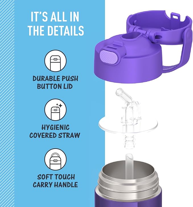 THERMOS FUNTAINER Water Bottle with Straw - 12 Ounce - Kids Stainless Steel Vacuum Insulated Water Bottle with Lid,Violet,(Pack of 6)