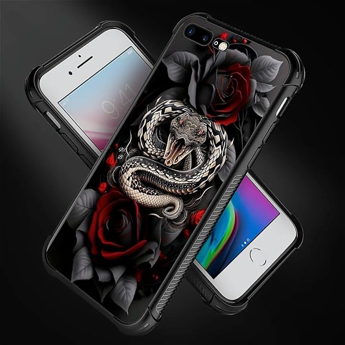 for iPhone 7 Plus/8 Plus Case, Entwined Rose Snake Pattern Graphic Design for Girl Boy, Soft Silicone Hard Acrylic Shock Protection