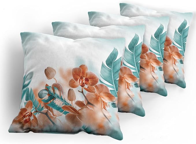 Ambesonne Tropical Throw Pillow Cushion Case Pack of 4, Exotic Orchids Blossom Leaves on Blurred Background Floral Themed Modern Art, Modern Accent Double-Sided Digital Printing, 16", Orange Teal