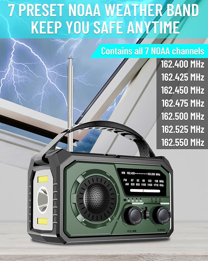 16000mAh Emergency Weather Radio, AM/FM/NOAA Weather Alert Radio Hand Crank/Solar/Type-C Fast Rechargeable Outdoor Radio with Reading Lamp/SOS Alarm/3 Mode Flashlight/Power Bank(Green)