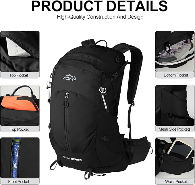 IX INOXTO Hiking Backpack, Camping Backpack, 30L Waterproof Hiking Daypack with 3L Water Bladder and Rain Cover (black)