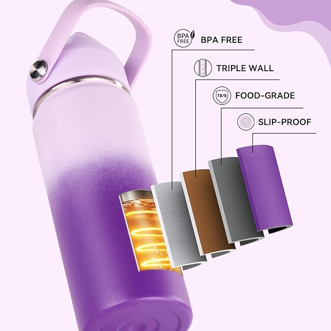 Fijinhom 18oz Insulated Stainless Steel Water Bottle, Wide Mouth Double Wall Vacuum, Silicone Straw, Sweat & Leak Proof, BPA Free Insulated Water Flask for Travel, Purple Gradient