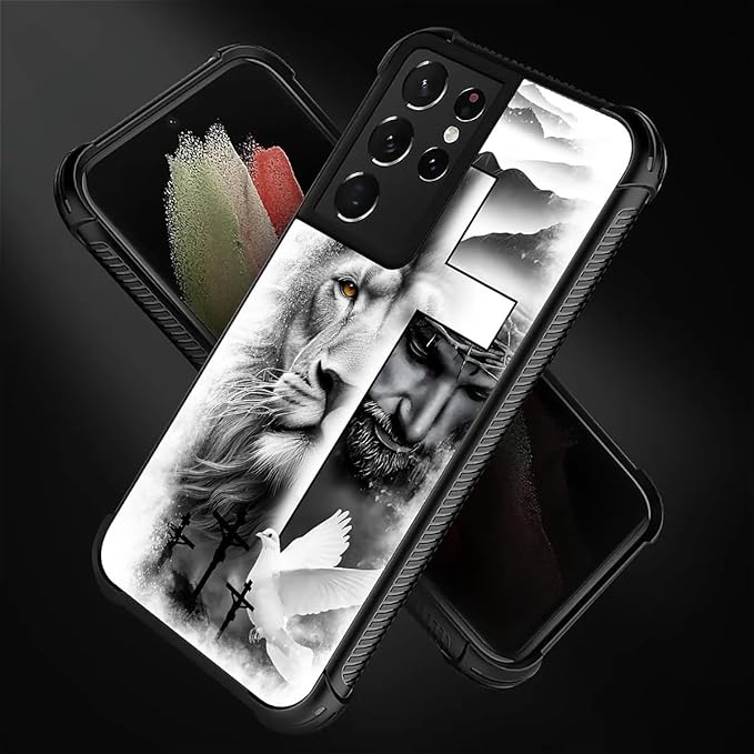 for Samsung Galaxy S21 Ultra Case, Lion Cross Jesus Christ Dove Pattern Graphic Design Girl Boy Soft Silicone Hard Acrylic Shock Protection for Samsung Galaxy S21 Ultra