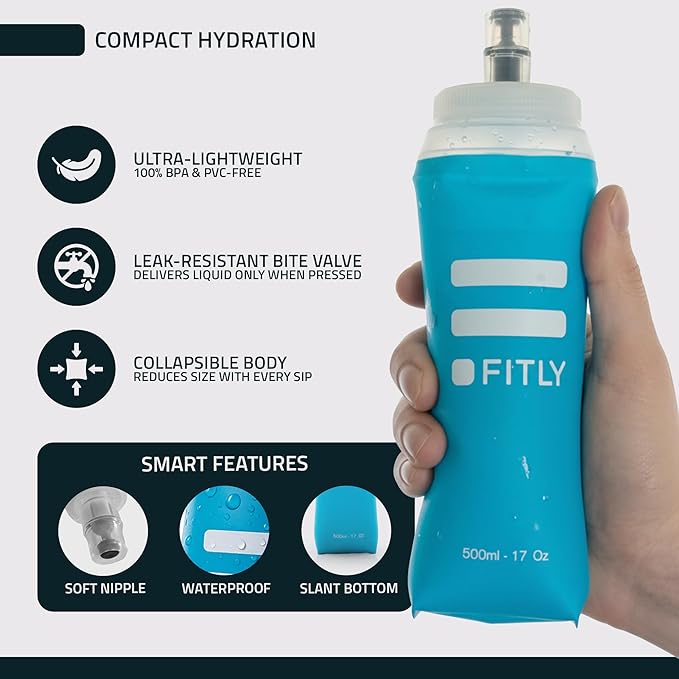FITLY Soft Flask - Shrink As You Drink Soft Water Bottle for Hydration Pack - Folding Water Bottle Ideal for Running, Hiking, Cycling, Climbing & Rigorous Activity