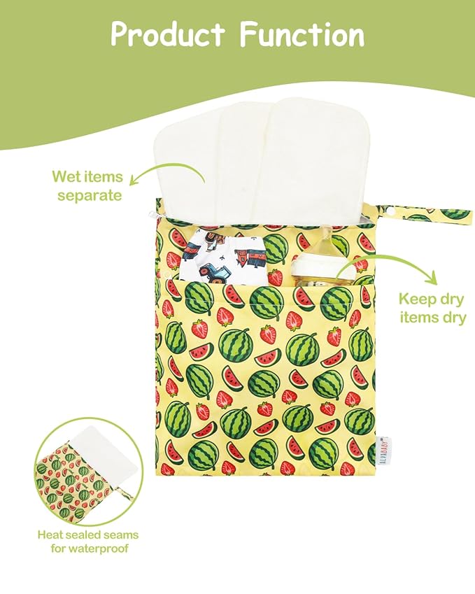 ALVABABY 2pcs Waterproof Wet Dry Bags,Reusable with Two Zippered Pockets,Baby Cloth Diaper,Travel,Beach,Pool,Daycare,Soiled Baby Items,Yoga Gym Bag,Swimsuits or Wet Clothes 2LW06