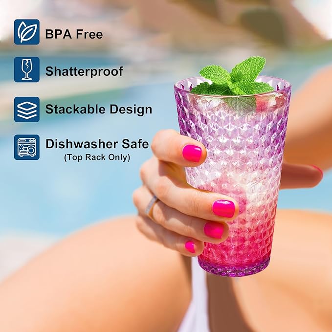 Lily's Home 19.4oz Highball Glasses Set of 4 - Unbreakable Plastic Cups for Outdoor, Party & Camping | Dishwasher Safe, Stackable Drinkware | BPA-Free Shatterproof Tumblers (Made in Taiwan)