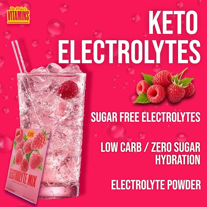 Dr. Price’s Electrolytes Powder Packets – Raspberry, 60 Packets | Sugar Free Electrolytes | Hydration Drink Mix, 72+ Trace Minerals, Keto Electrolytes, Vegan, Doctor-Formulated, Made in USA
