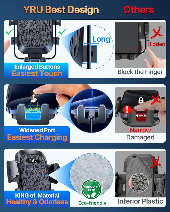 YRU True Upgrade for Safety Car Phone Holder Mount Patent & Military-Grade Dashboard Cell Phone Holder for Car Vent Windshield Phone Stand for iPhone 17 16 15 14 13 Pro Max Truck Samsung, Matte Black